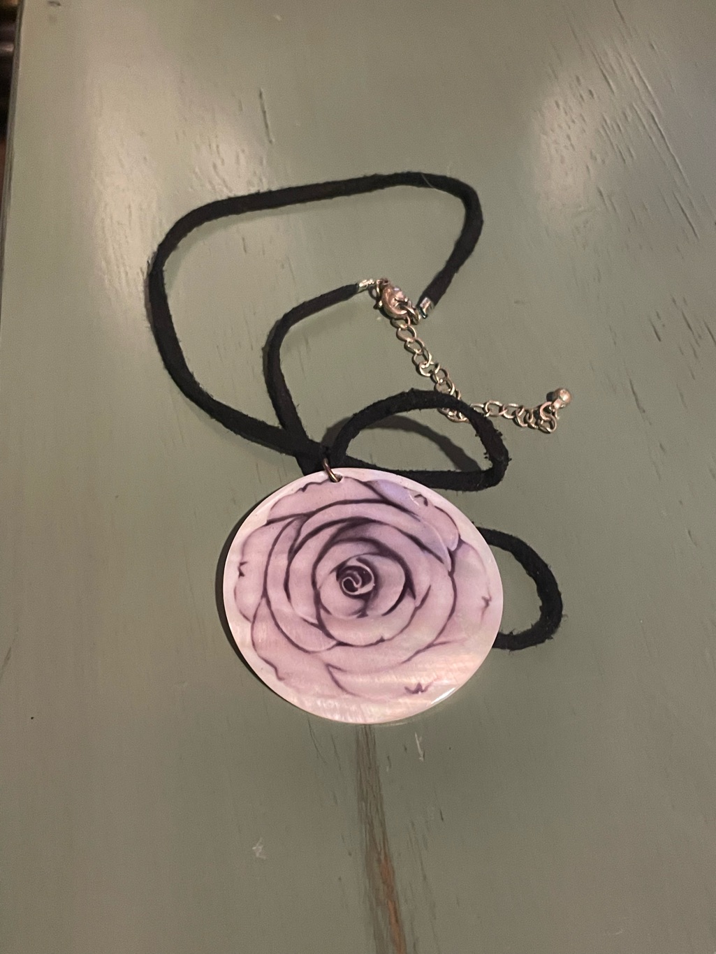 Purple Rose Pendant Necklace On Black Cord - Women Jewelry
